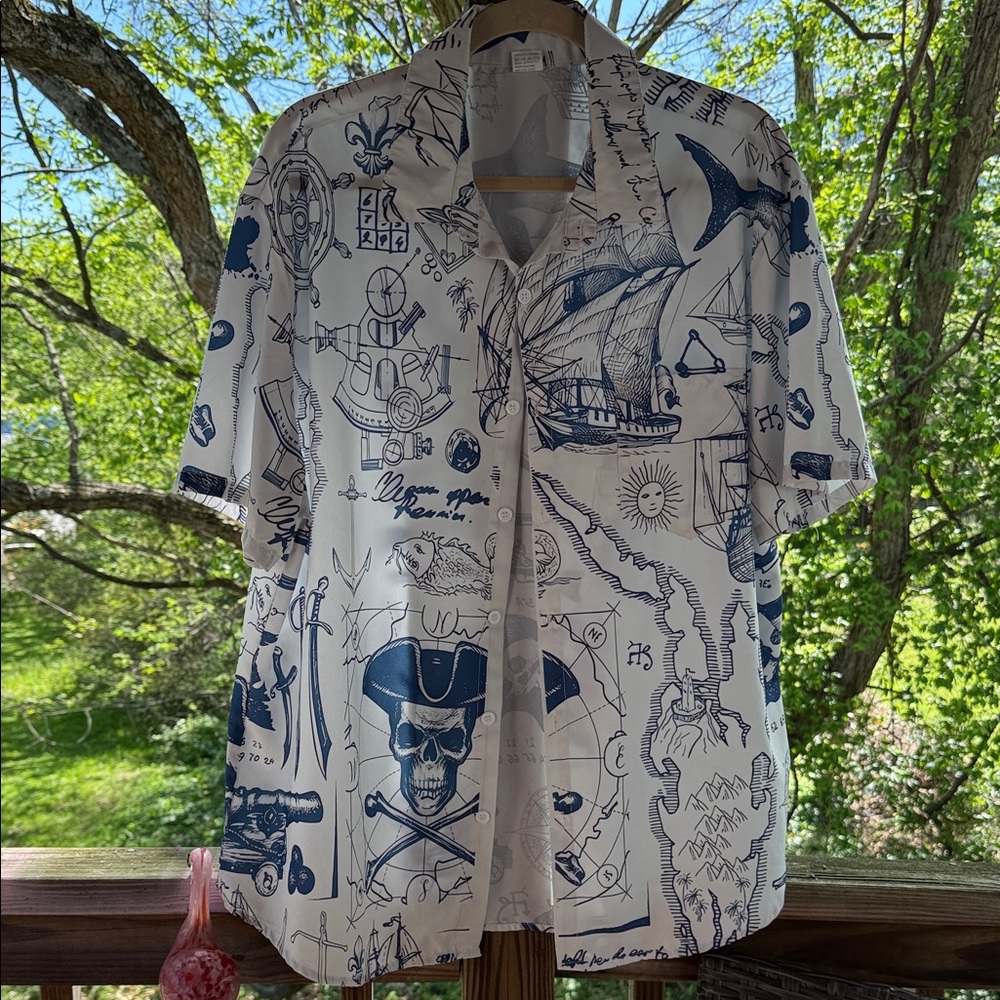 Men’s 2x Navy & White Nautical Pirate Print Button-Up Shirt polyester never worn